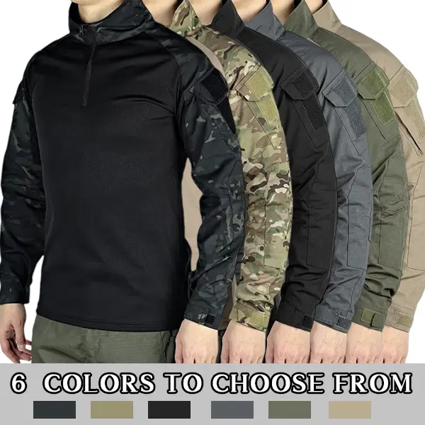 Men’s long-sleeve top with a half zipper and stand collar, available in six colors; camouflage color-block design, stretchy and breathable for outdoor wear.