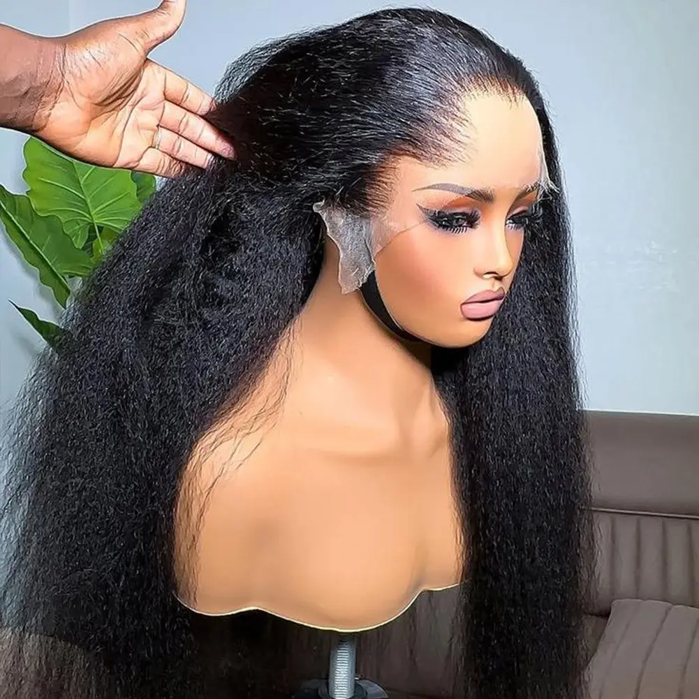 [360 Glueless Wig] Ready To Wear Glueless 360 Full Kinky Straight HD Transparent Lace Front Wigs Human Hair Pre-cut Yaki Straight Wig Lace Front Wigs Human Hair 180% Density Lace Frontal Wigs For Women