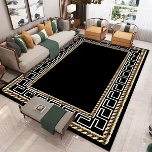 Luxury Black & Gold Greek Key Geometric Pattern Flannel Decorative Area Rug - Oversized Soft Plush Mat for Living Room & Bedroom, Non-Slip Modern Home Decor #LuxuryGreekKeyRug #ModernHomeDecor #FlannelMat #NonSlipRug