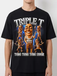 "TRIPLE T" Tung Tung Tung Sahur Meme Graphic Tee | Retro 90s Bootleg Rap Style T-Shirt | Y2K Metallic Chrome Letters Streetwear Top casual unisex   Graphic Tee fun men