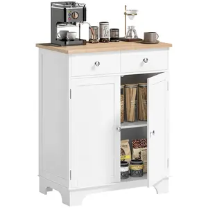 HOMCOM Sideboard Buffet Cabinet with Solid Wood Countertop, Modern Kitchen Storage Cabinet, Coffee Bar Cabinet with 2 Drawers, Doors and Adjustable Shelf