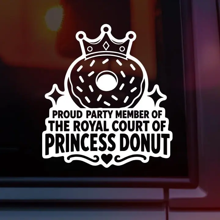 Proud Party Member of the Royal Court of Princess Donut Vinyl Car Decal – Dungeon Crawler Carl DCC Sticker – Crown Donut LitRPG Book Decal – Funny Fantasy Reader & Audiobook Fan Gift