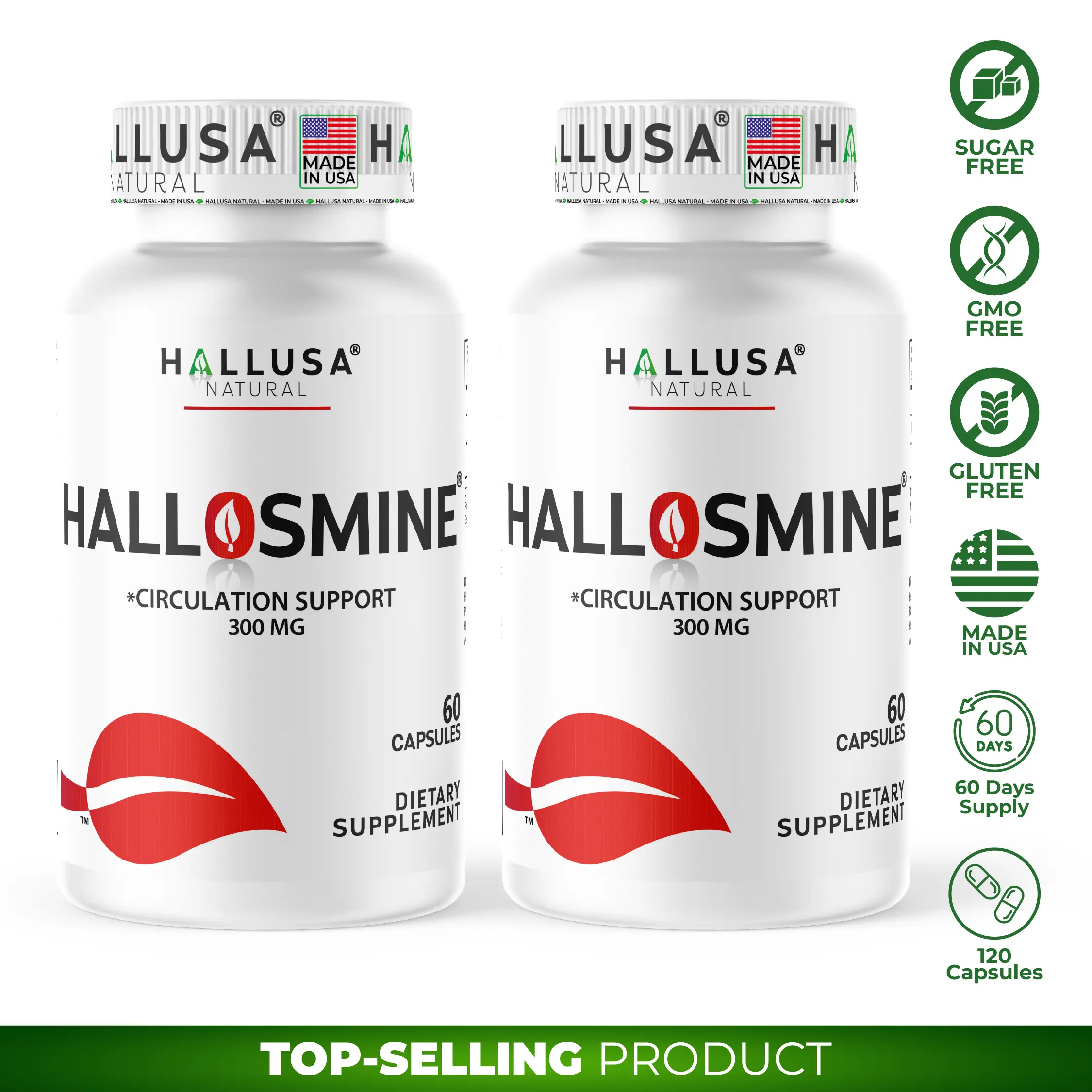 HALLUSA NATURAL Hallosmine Diosmin Capsules - 2 Bottles (60 Caps Each, 120 Total) - 300mg Diosmin - Circulation, Vein Health, Leg Comfort, Swellingsupport - Non-GMO, Gluten-Free - For Adults