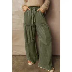 Vineyard Green Mineral Wash Tiered Wide Leg Patchwork Drawstring Pants