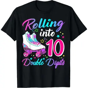Rolling Into 10 Double Digits Roller Skates 10th Birthday T-Shirt ,Made in USA
