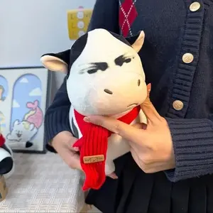 35cm Grumpy Cow Plush Toy Red Scarf Soft Stuffed Animal Cute Meme Doll Gift