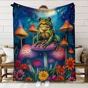 1 piece of comfortable flannel blanket with a mushroom and frog theme under the night sky, suitable for home decoration and use all year round! Soft and breathable, made of 100% polyester fiber, a perfect gift for family and friends, suitable for all seas