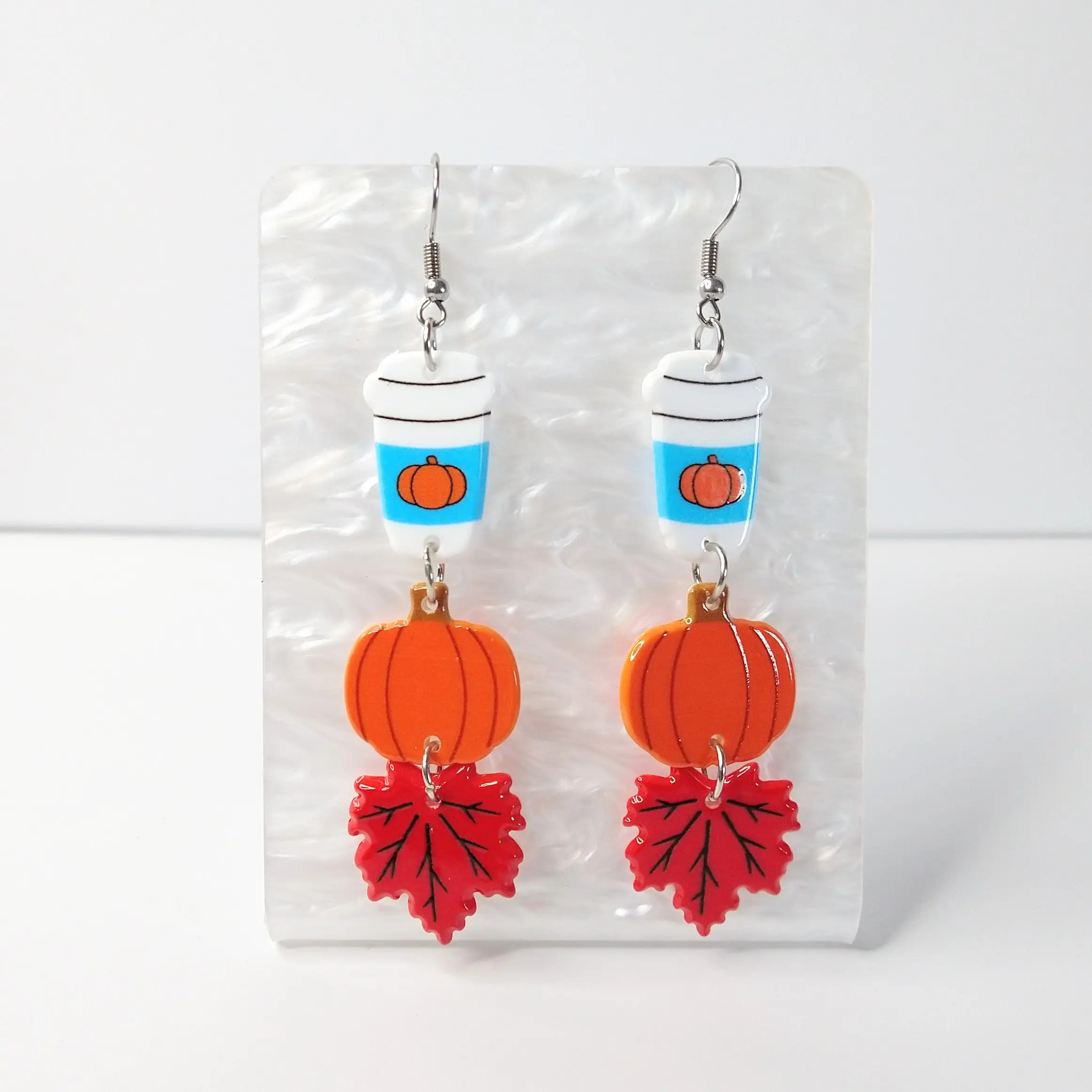 #526 Pumpkin Latte, Pumpkin & Red Leaf Earrings- Stainless Steel Hooks- Casual Autumn Fall Coffee Jewelry