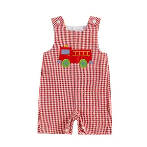 Toddler Baby Girl Red Plaid Romper Truck Embroidered Square Neck Sleeveless Romper Bodysuit Summer Clothes