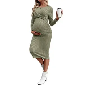 Maternity Dress Long Sleeve Maternity Dress Elegant Twist Slim Fit Maternity Jumpsuit Dress(Sheets)