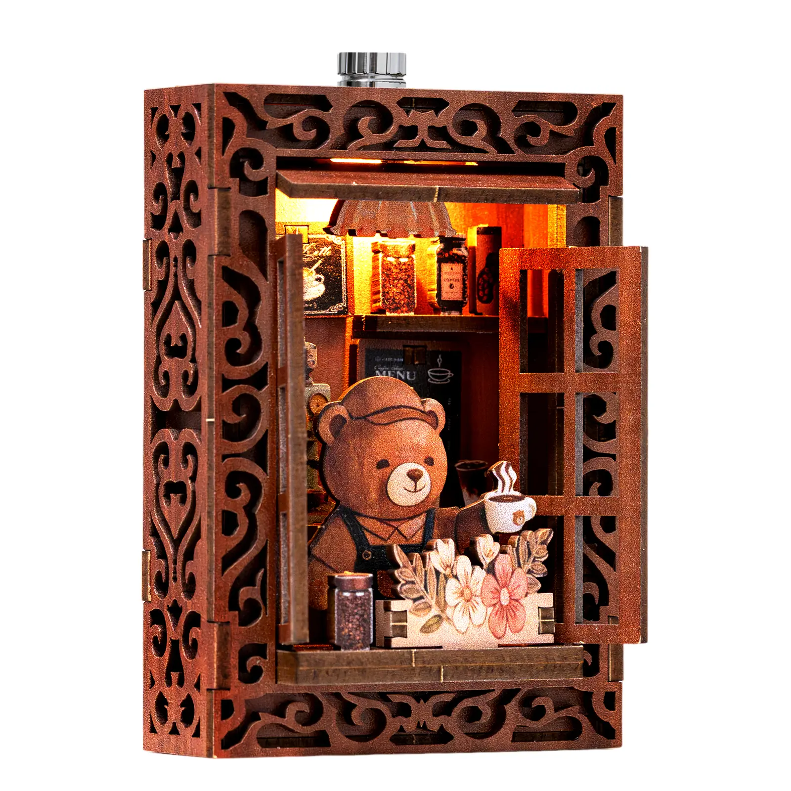 ETKVR RFM02 Little Bear Café Street Corner Mini House Fridge Magnet, DIY Cute Handcrafted Puzzle Collectible Construction Set, Die-Cut Magnetic Iron Boxed Collectible Figures Miniatures, Self-Adhesive Home Decor Statue with Replaceable Button Battery