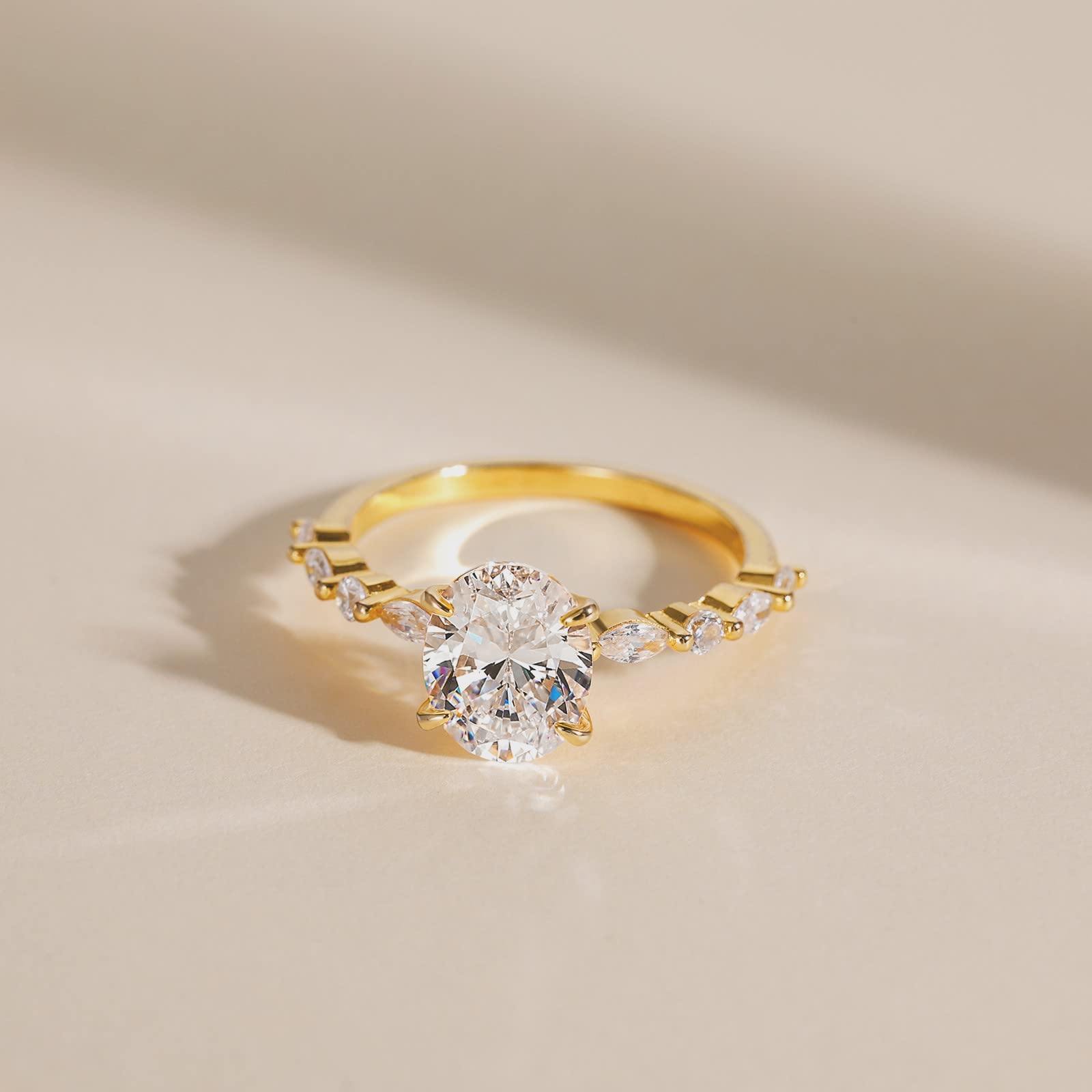 EAMTI 14K Gold Plated Engagement Ring 3 Carats Oval Cut Cubic Zirconia Wedding Solitaire Halo Promise Ring for Women