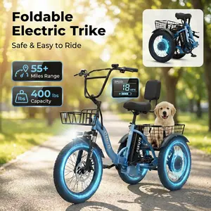 Eskute T300 Electric Tricycle Trike for Adults 48V10.4Ah Removable Battery 18*3.0 1200W Peak Power Foldable 3 Wheels Electric Bikes Bicycle for Adults Three Wheel Electric Cruiser Tricycle ebike 18 MPH 55 Miles Foldable Frame & Basket atv wholesale