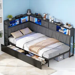 CollaredEagle Twin XL Corner Bed Frame with Storage Bookcase, Kids Bed Unit with Charging Station and LED Light, Twin Size Platform Beds with Storage and Charging Station, with 2 Underneath Drawers summervibes