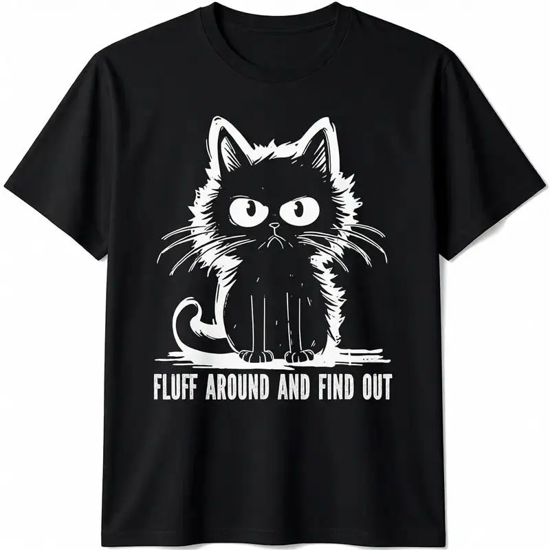 Men's Cotton Round Neck Short-Sleeve Graphic Print T-Shirt - "Fluff Around And Find Out" Funny Cat Themed Streetwear, New Year Gift for Men, Shortsleeve, Vintage, Menswear, Top, Tshirt