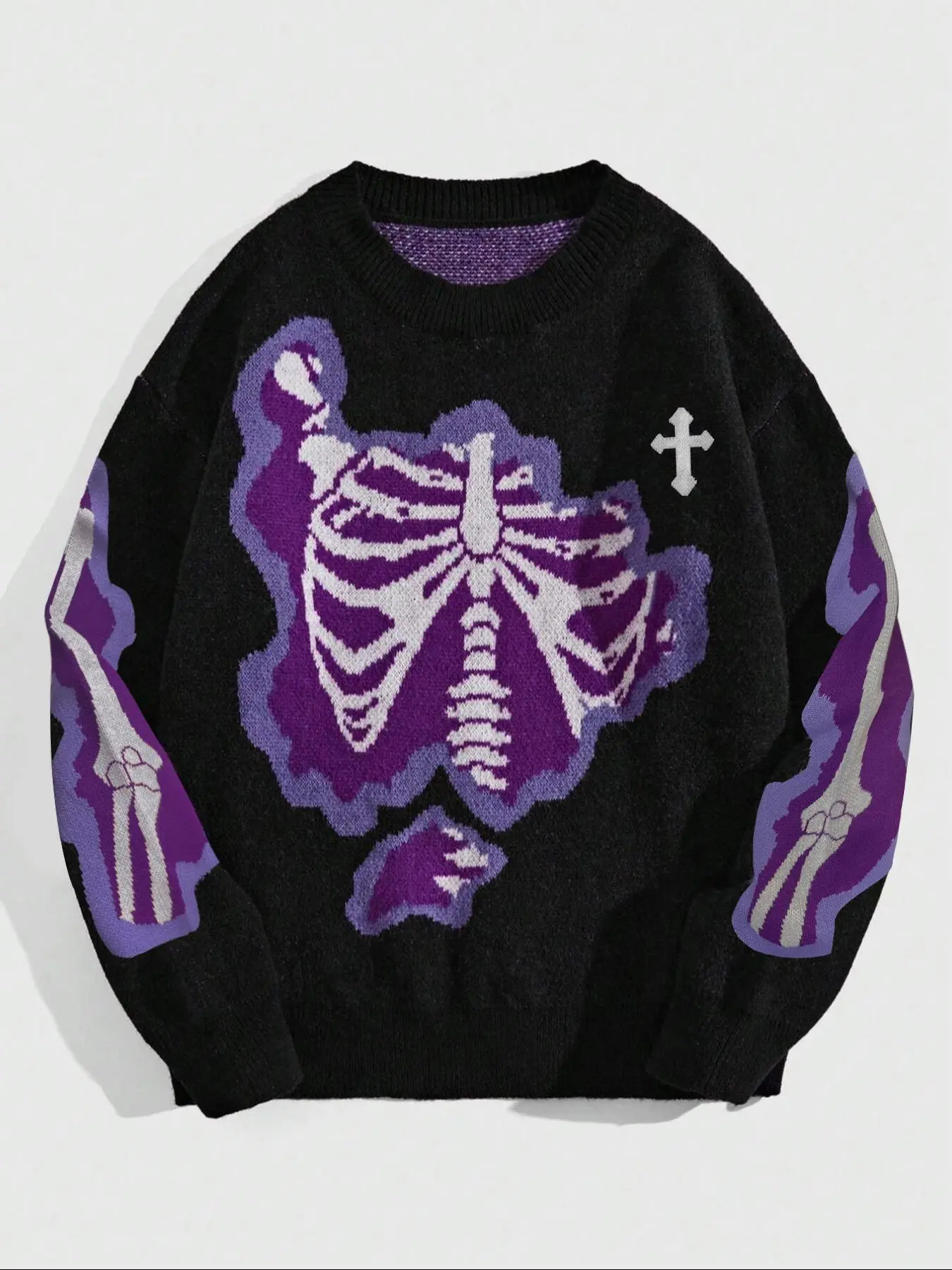 Men's Rock Punk Cross Skull Knit Sweater, Halloween & Fall Winter Casual Warm Round Neck Pullover, Slight Stretch Jersey Fabric