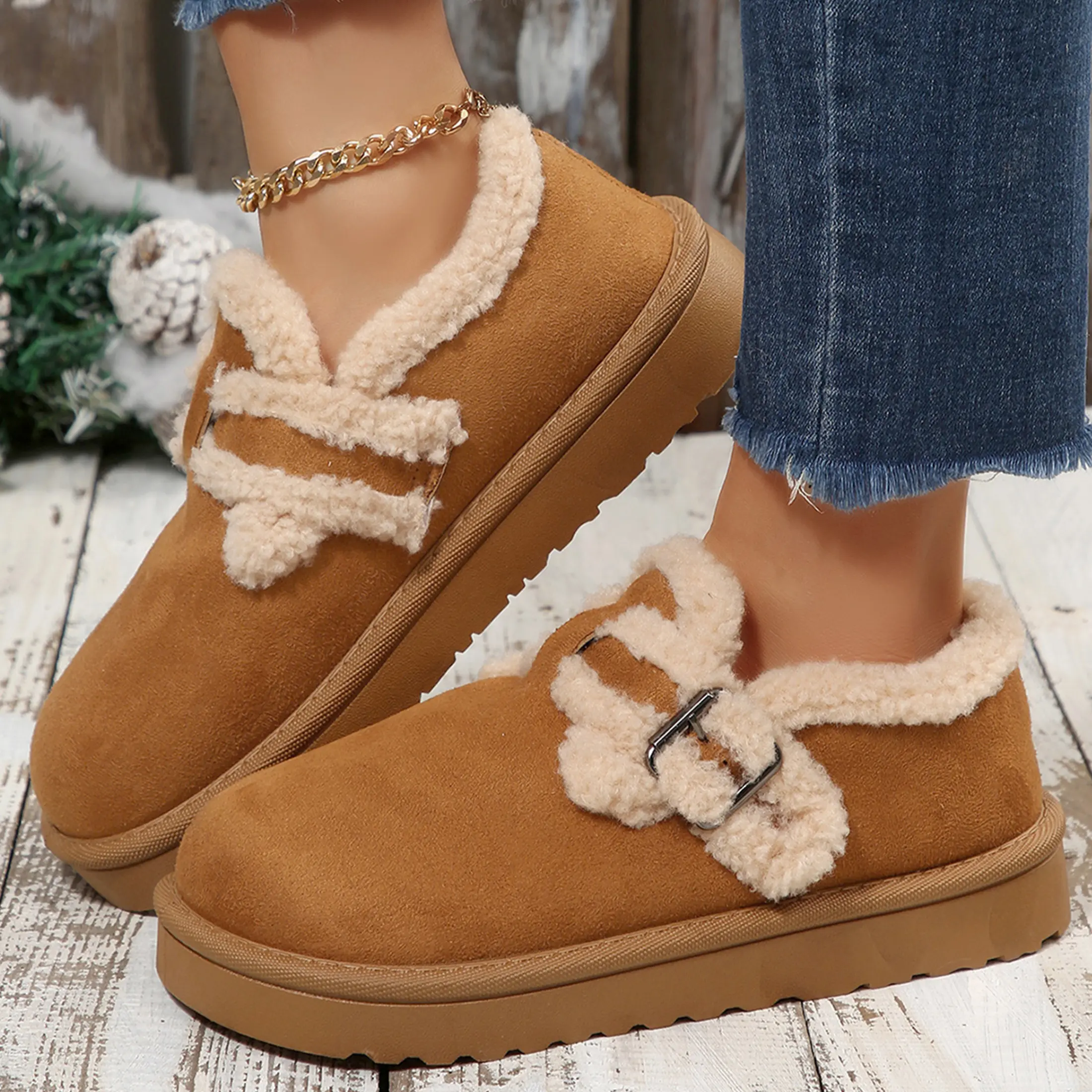 Women's Warm Suede Fleece Mini Snow Boots Buckle Detail Comfy Winter House & Outdoor Shoes