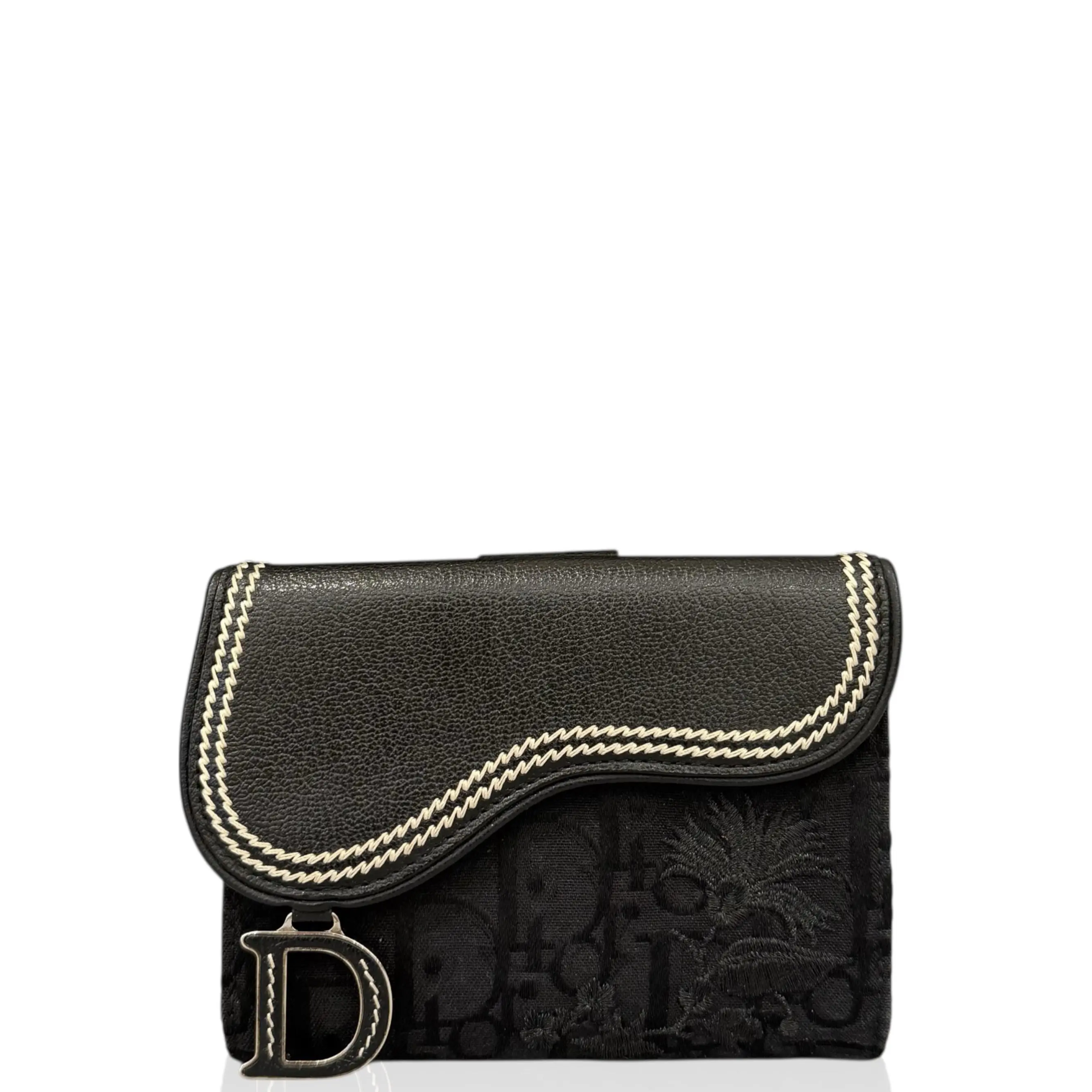Pre-owned Dior Leather small leather goods Embroidered Compact Wallet Calfskin Trotter Black (zs042426d0)