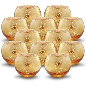 Volens Round Gold Votive Candle Holders, Mercury Glass Candle Holder Set of 12, Wedding Decorations for Table
