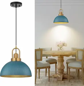 Pendant Lights Kitchen Island, Black Metal Farmhouse Pendant Light Fixtures, 11.8" Industrial Modern Hanging Pendant Lights for Kitchen Island Dining Room Bedroom Cafe Bar (Blue, 1 Pack)