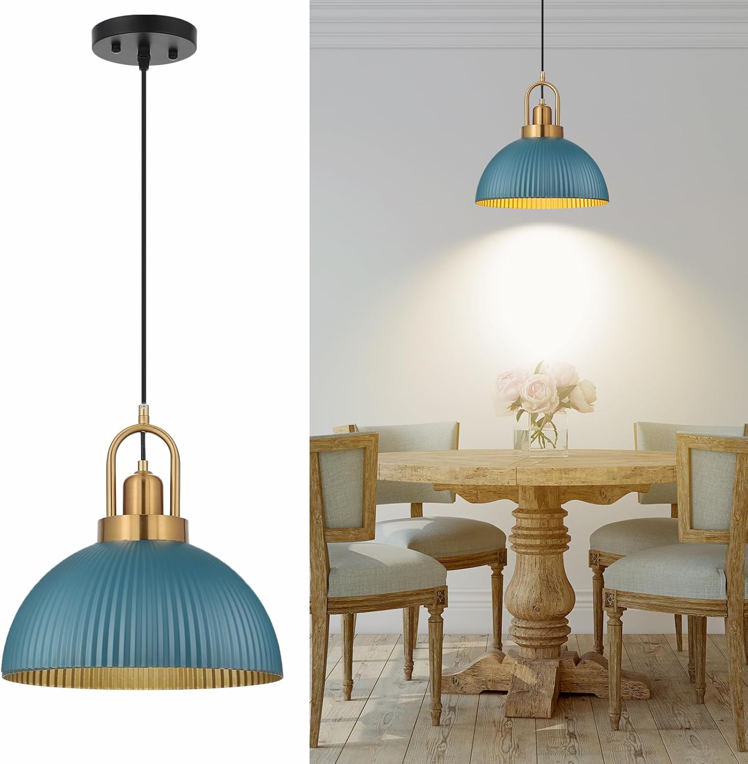 Pendant Lights Kitchen Island, Black Metal Farmhouse Pendant Light Fixtures, 11.8" Industrial Modern Hanging Pendant Lights for Kitchen Island Dining Room Bedroom Cafe Bar (Blue, 1 Pack)