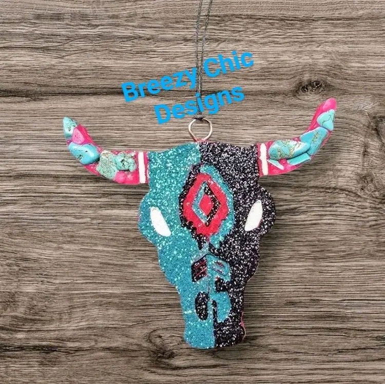 Aztec Bull Car Freshie - Colorful Bull Design with Pink and Blue Accents, Includes Cord and Hanging Loop