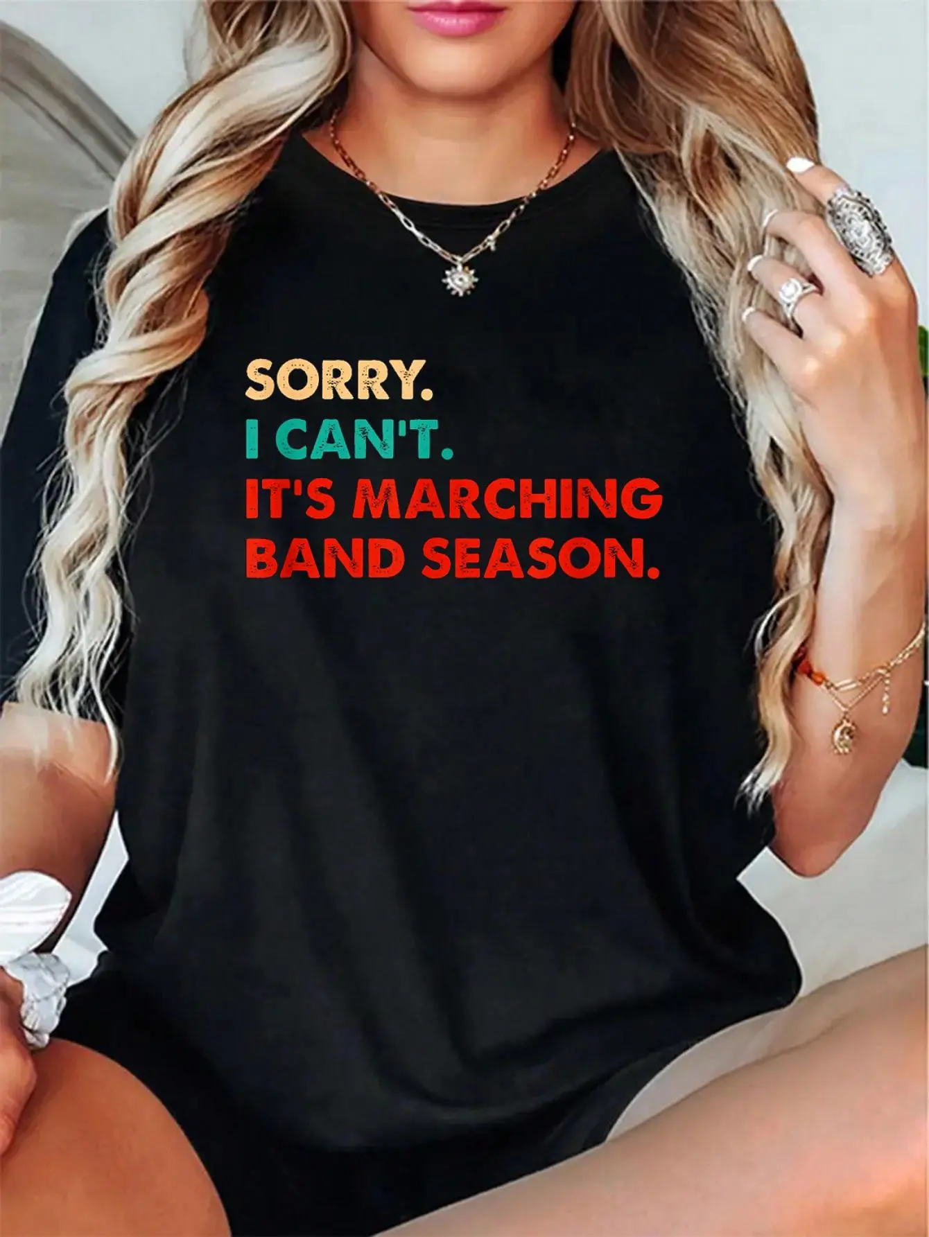 Women's 100% Cotton Short-Sleeve Printed Graphic T-Shirt - Round Neck, Soft Breathable Fabric, Relaxed Unisex Fit, "Sorry. I Can't. It's Marching Band Season" Love-Inspired Casual Top, All Seasons Streetwear, Digital Print, Check Size Chart, Tee, Clothes,