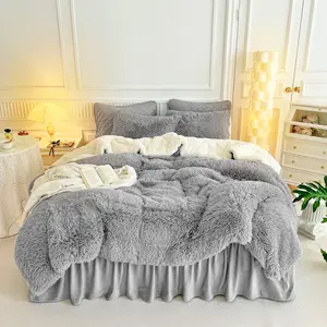 Gray Faux Fur Comforter Set Full/Queen 3 Pieces - 1 Shaggy Comforter 90x90 and 2 Fur Pillowcases, Soft and Easy Care Luxury Plush Warm Winter Shaggy Bedding Set