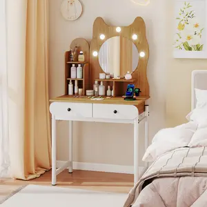 COSTWAY - Small Vanity Desk with Mirror and Lights Cute Kitty Makeup Table with Power Outlets-Natural