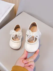 Girls' Shiny Bow Pearl Decor Flat Shoes, Soft Sole Princess Shoes for All Seasons, Baby Walker & Shoes