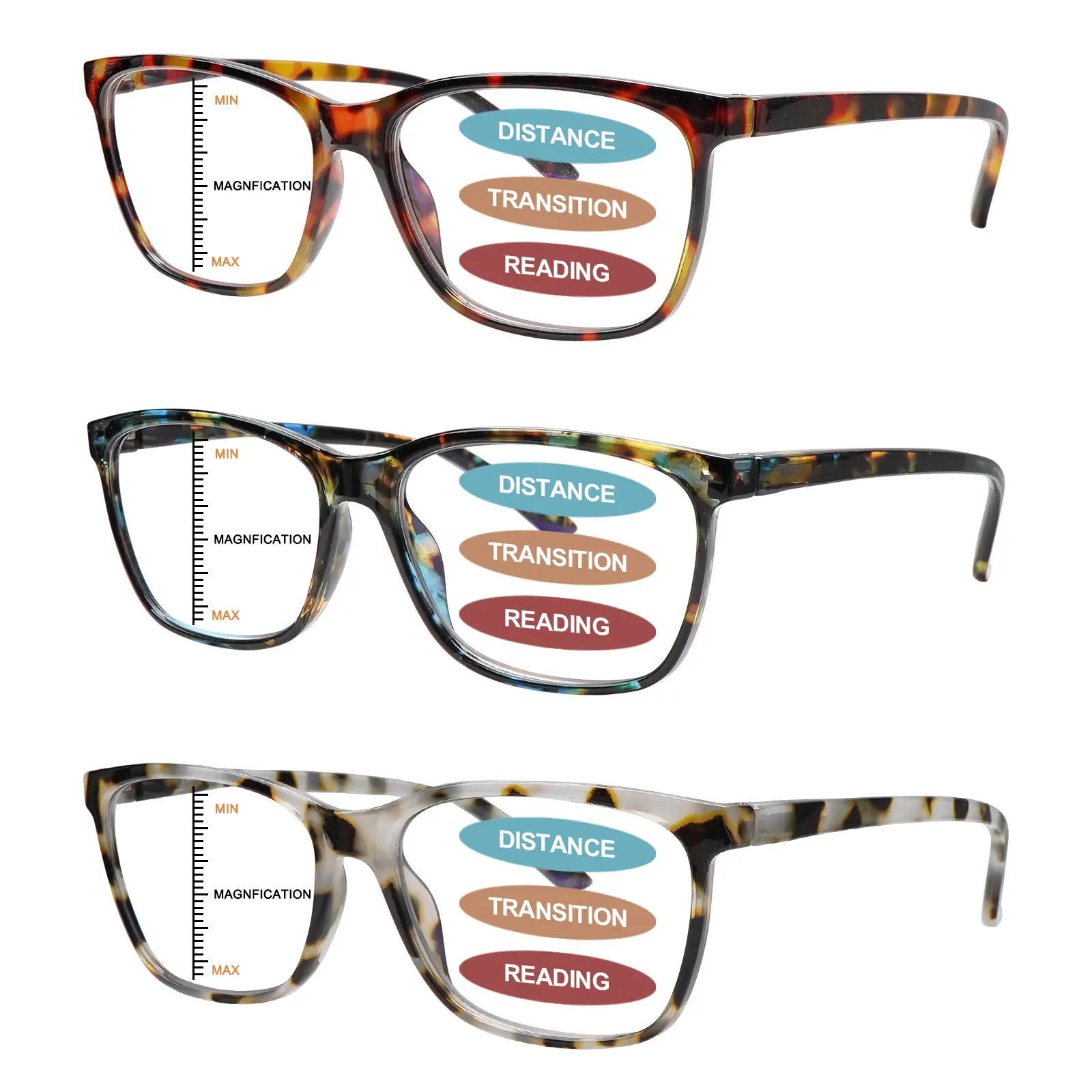 3-Pack Progressive Multifocal Blue Light-Blocking Reading Glasses - High Quality Eyewear with 3 Levels of Vision Adjustment, UV Protection Lenses, Spring Hinges, Lightweight, No Pressure to Wear, Ideal for Daily Commutes, Outdoor Activities, Giftable