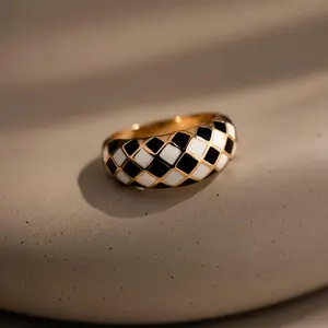 Women's Vintage Black-White Checkerboard Enamel Gold Dome Ring - Geometric Statement Costume Jewelry for Party