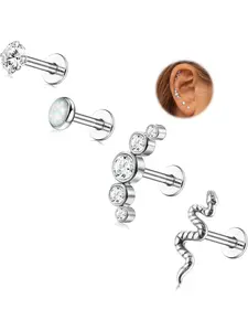 4Pcs 16G G23 Titanium Earrings Flat Back Forward Helix Piercing Labret Studs Hypoallergenic Tragus Piercing Earrings Cz Snake Medusa Conch Helix Piercing Jewellery