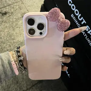Luxury Rhinestone Bow Litchi Pattern Leather Shockproof Phone Case for Iphone 17 16 15 14 13 12 11 Pro Max X XS XR 7 plus Soft Case