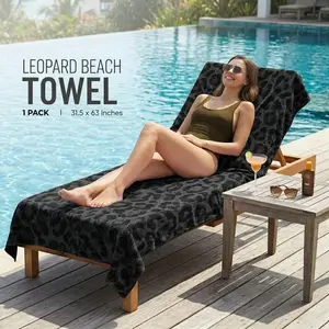 Black Leopard Print Microfiber Beach Towel - 31.5"x63" Sand Free Quick Dry Towel, Dark Charcoal Cheetah Pool Towel, Edgy All-Black Swim Towel for Men & Women
