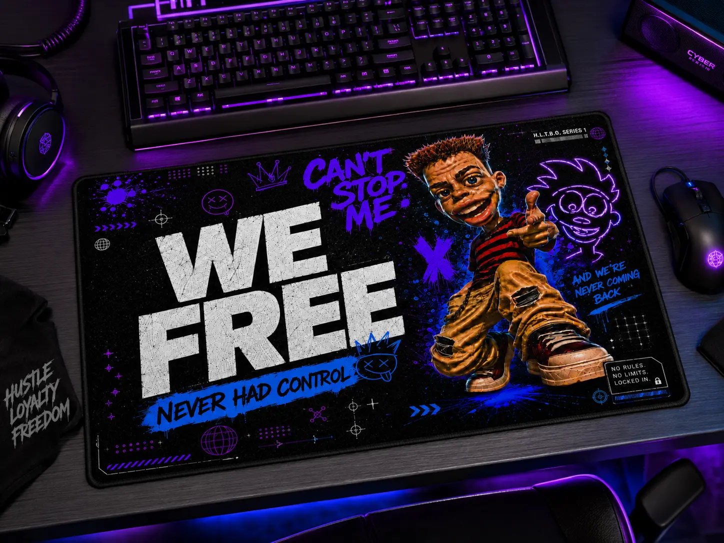 HLTBO Co. WE FREE 12x18 Gaming Mousepad | Neon Graffiti Desk Mat | Streetwear Gamer Setup Pad