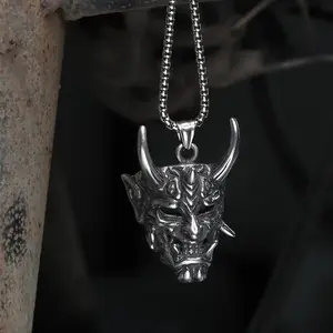 GTHIC Stainless Steel Japanese Yokai Oni Gothic Skull Pendant Necklace for Men Women Jewelry Gift