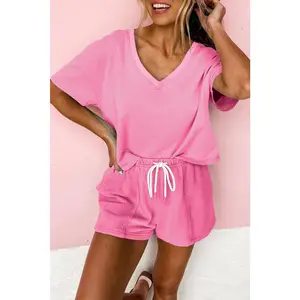 Women’s Pink 2 Piece Lounge Set – V Neck Top & Drawstring Shorts Casual Summer Outfit