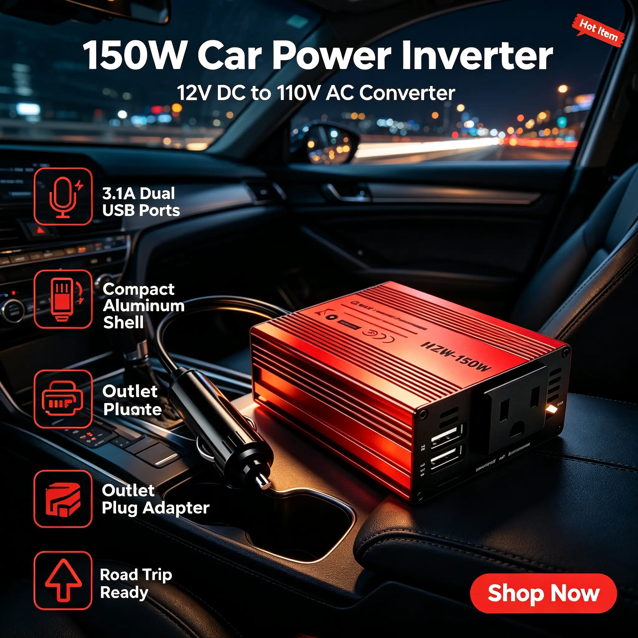 150W Compact Aluminum Car Power Inverter, 12V DC to 110V AC Vehicle Plug Outlet Converter with 3.1A Dual USB Fast Charging Ports, Portable Car Power Adapter Accessory for Cars, Road Trips, Camping, RV Travel Emergency Power Supply #CarPowerInverter