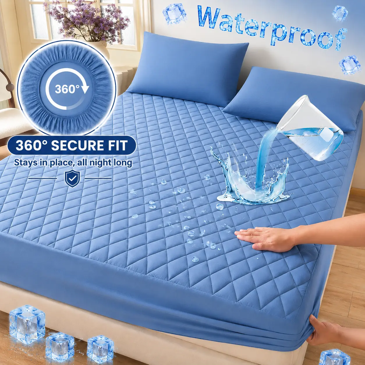 Raybee Waterproof Mattress Protector Queen Size, Washable & Durable Mattress Cover, 6-16'' Deep Pocket Mattress Pad , Fitted Sheet For Bedroom, Guest Room, Collage Dorm,Hotel,Dust Proof