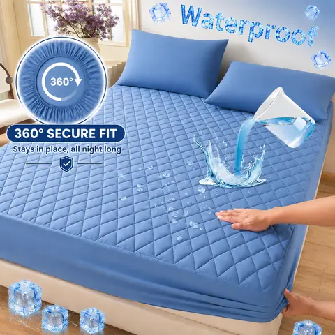 Raybee Queen Size Rectangular Waterproof Mattress Protector - Polyester Deep Fitted (6-16'' Pockets), 360° Snug Fit Full Guard, Microfibre Breathable Cooling Touch, Machine Washable Durable for Bedroom, Hotel (Includes Pads & Toppers)