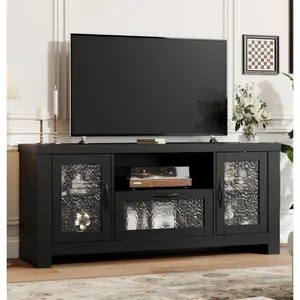 Garvee Entertainment Center for 65 Inch Screen, Farmhouse Style Console Table with Acrylic Door Storage Cabinet and Adjustable Shelves, Suitable for Living Room and Bedroom, Black Finish