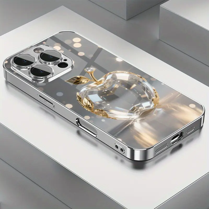 Glossy Crystal Look Electroplated TPU Phone Case with Tempered Glass Lens Protector, Luxury Transparent Print, Exquisite Fashion Design, High-End Fit for iPhone 17 Air/16 ProMax/15 Pro/14 Plus/13/12/11, Mobile Phone Accessory, With Protector