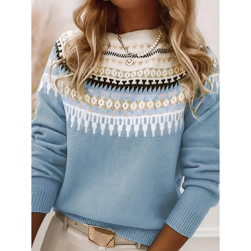 [Everyday Casual] Women's Light Blue Ethnic Knit Pullover Sweater - Soft Ribbed Round Neck with Geometric Pattern, Long Sleeve, Comfortable & Stylish for Fall/Winter Casual or Outdoor Wear, Ladies Sweaters