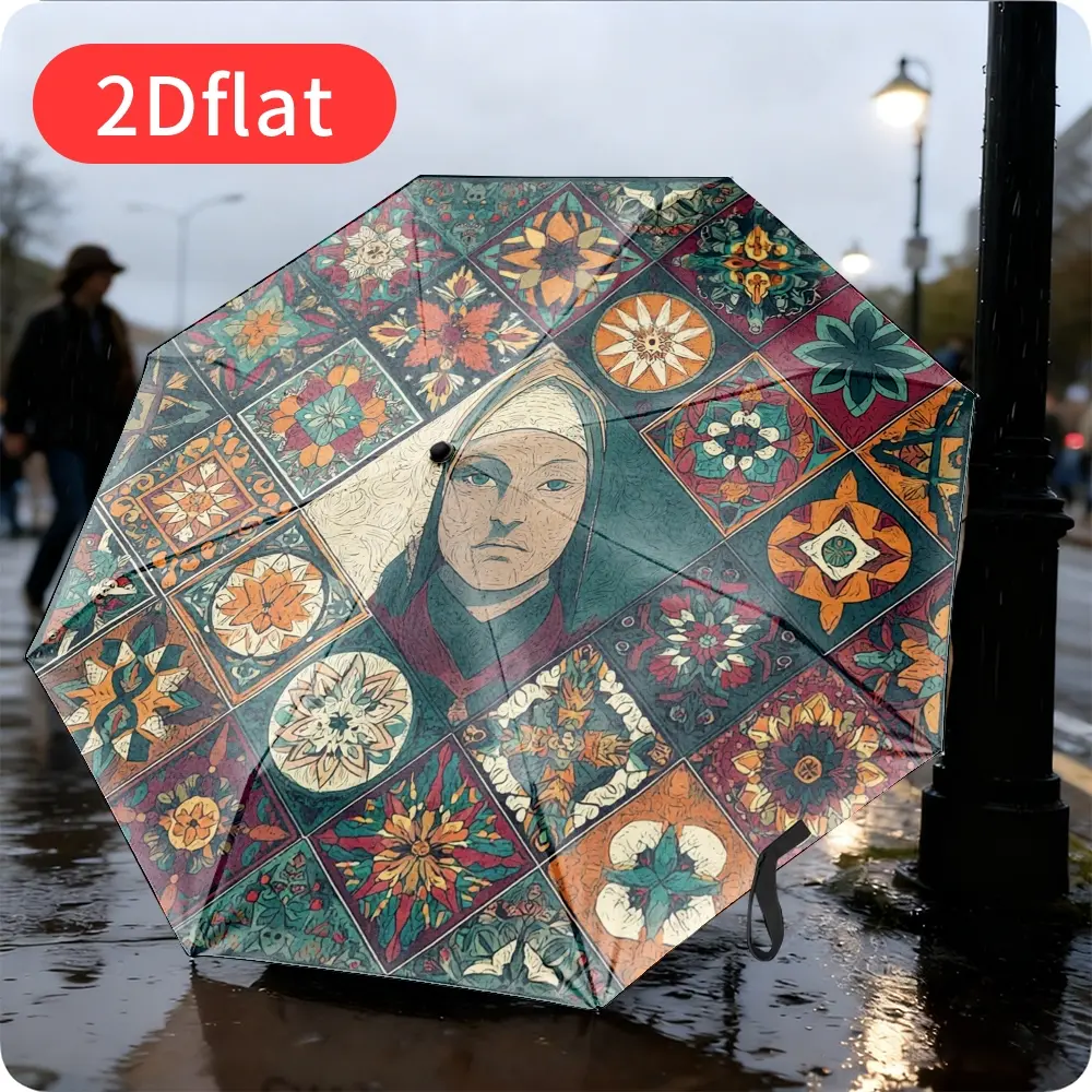 A vintage-style folding umbrella featuring an exquisite mosaic floral design with vibrant, colorful patterns. Lightweight and portable for everyday use, it boasts a sturdy canopy made of durable plastic and