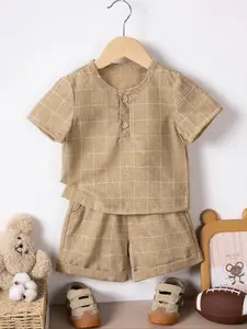 2pcs Boys' Toddler Summer Casual Fashion Round Neck Set, Short Sleeve Top & Plaid Shorts Two-Piece, Comfortable Youth Clothing