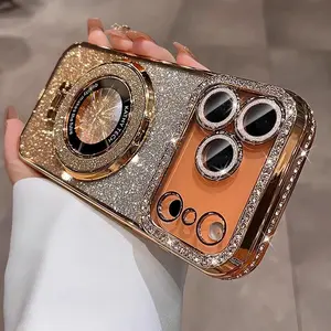Plating transparent diamond glitter magnetic phone case for iPhone 17 16 13 14 15 Pro Max lens protection bracket back cover
