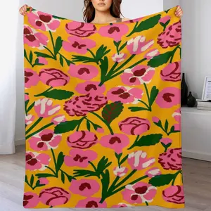 Vibrant Yellow Pink Floral Flannel Throw Blanket, Bold Abstract Flower Print Soft Cozy Blanket for Couch, Boho Maximalist Gift for Flower Lovers
