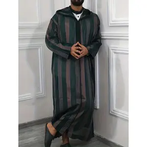 Men's Striped Hooded Long Robe - Casual Polyester Thobe with Zipper Detail, Machine Washable - Perfect for Spring/Fall