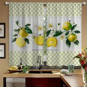 2pc 2D Flat Printing Curtains, Home Decoration Curtain, Fresh Lemon Leaves Natural Beauty Flowers, Polyester Fabric, Kitchen Farmhouse Decor